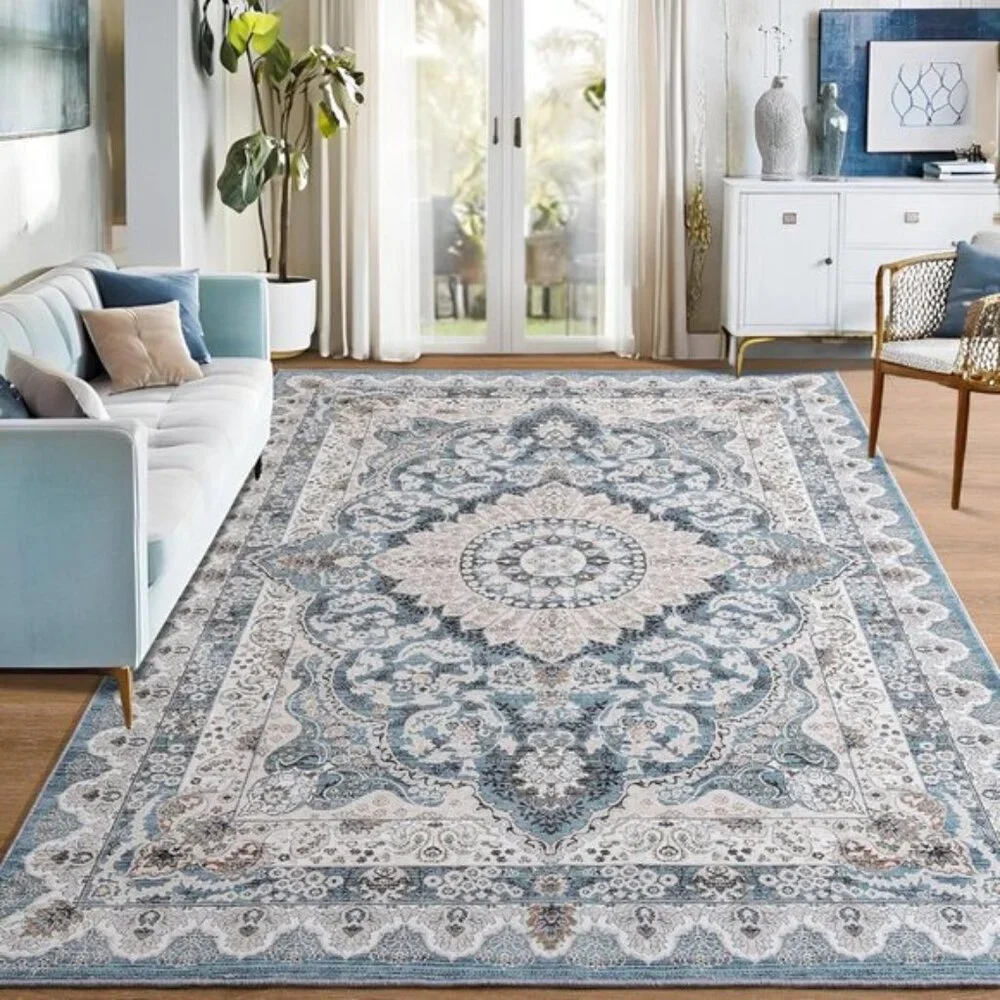 New 6x9 Blue Vintage Washable Rug Non-Slip Low Pile Carpet for Home & Room